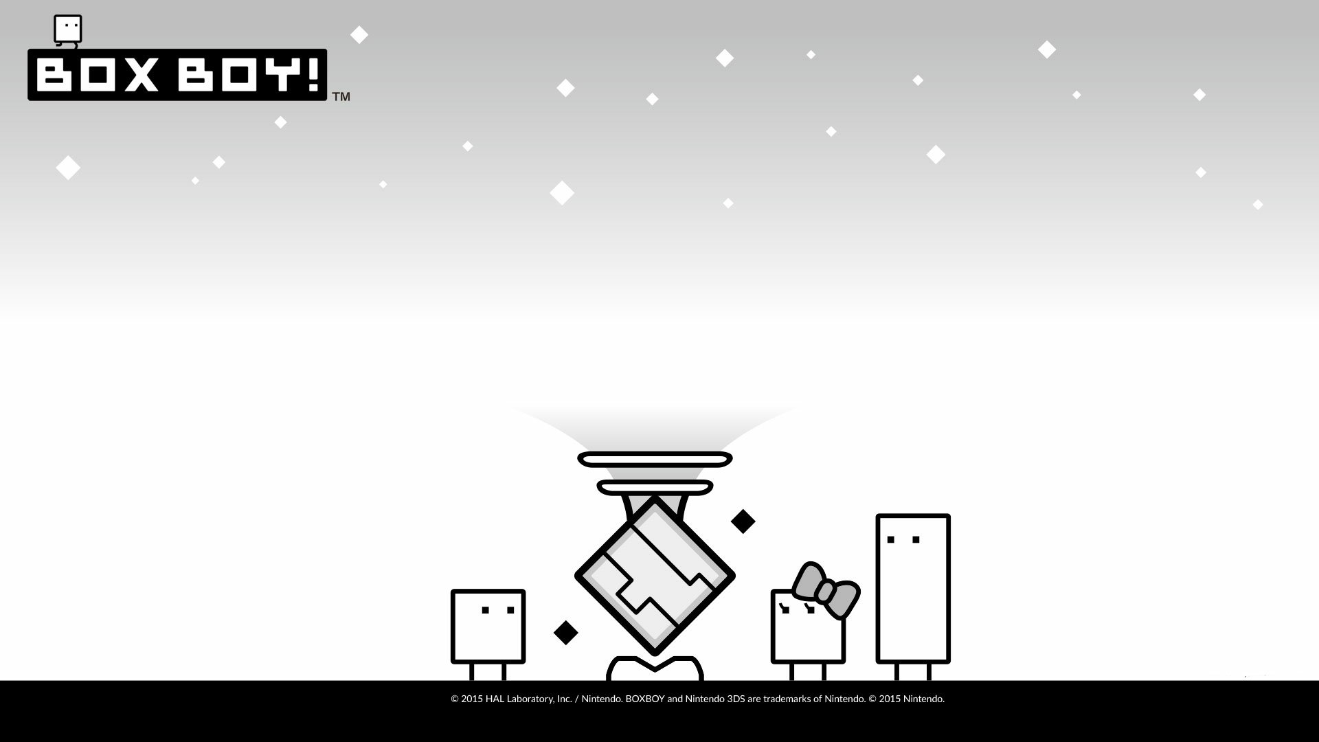 BOXBOY! HD PC desktop wallpaper — minimalist gray gradient with stars, cube-shaped BOXBOY and friends gathered at a pedestal with a glowing prize, logo in top-left.