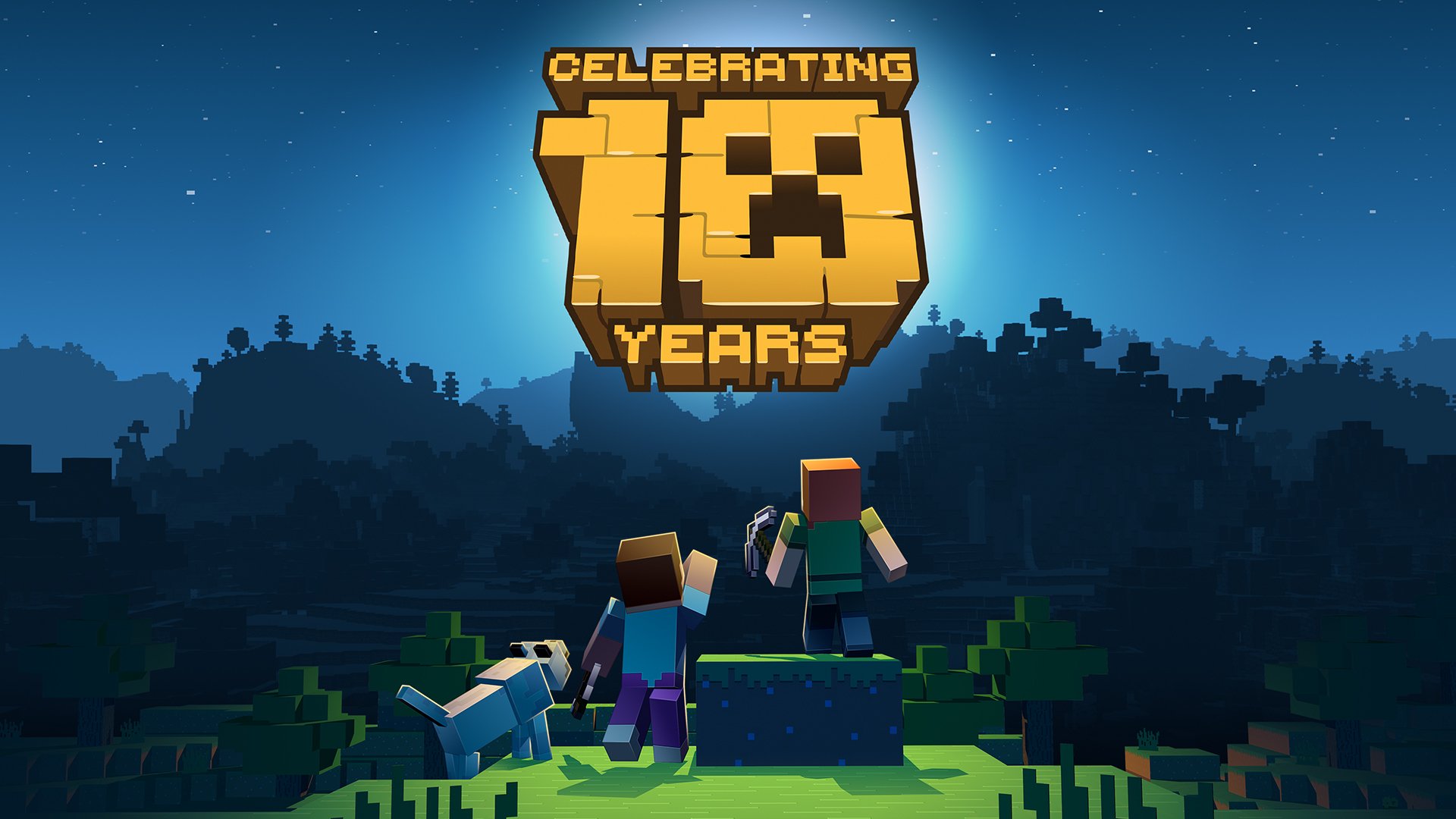 HD Minecraft PC desktop wallpaper featuring characters overlooking a blocky landscape with a glowing Celebrating 10 Years emblem in the night sky.