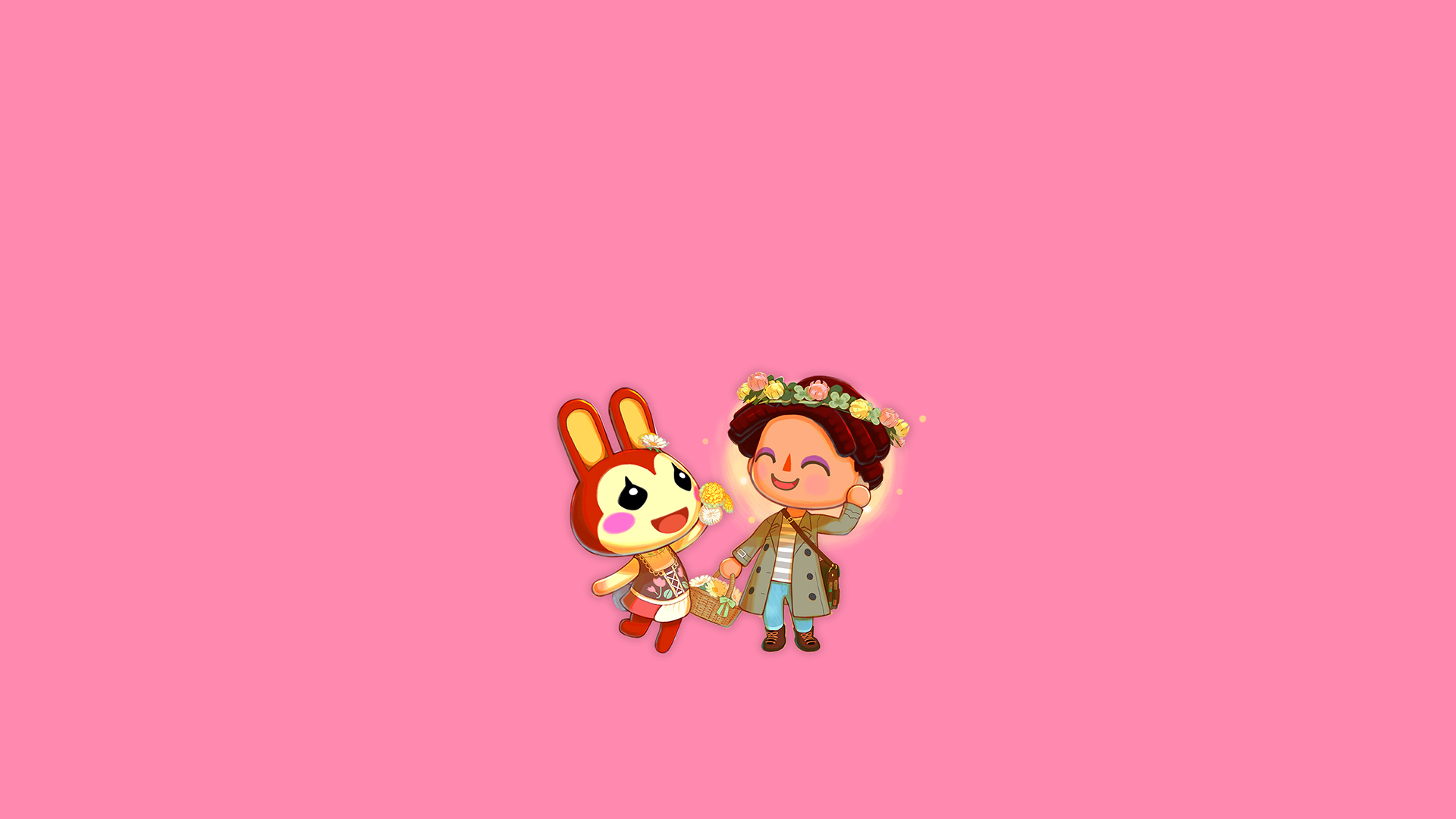 HD PC desktop wallpaper featuring cheerful characters from Animal Crossing: Pocket Camp on a solid pink background.