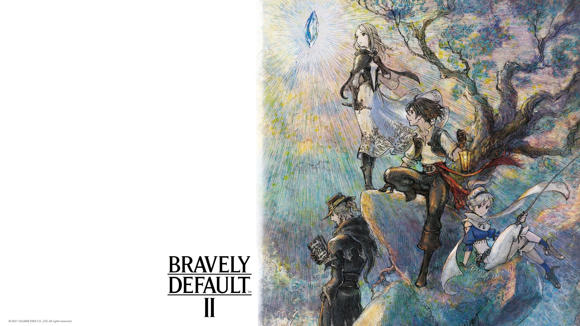 Bravely Default II 4K Ultra HD PC desktop wallpaper and background: watercolor-style artwork of four characters on a twisted tree with the game's logo on a white panel.