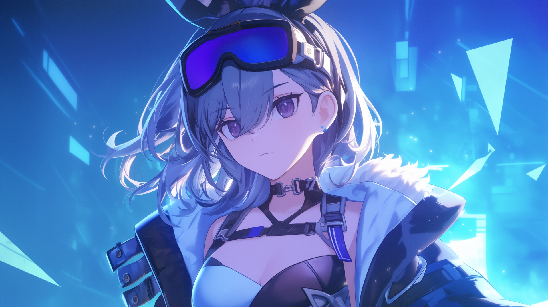HD desktop wallpaper featuring Silver Wolf from the video game Honkai: Star Rail, showcasing a confident character with grey hair, goggles, and a futuristic outfit against a vibrant blue background.