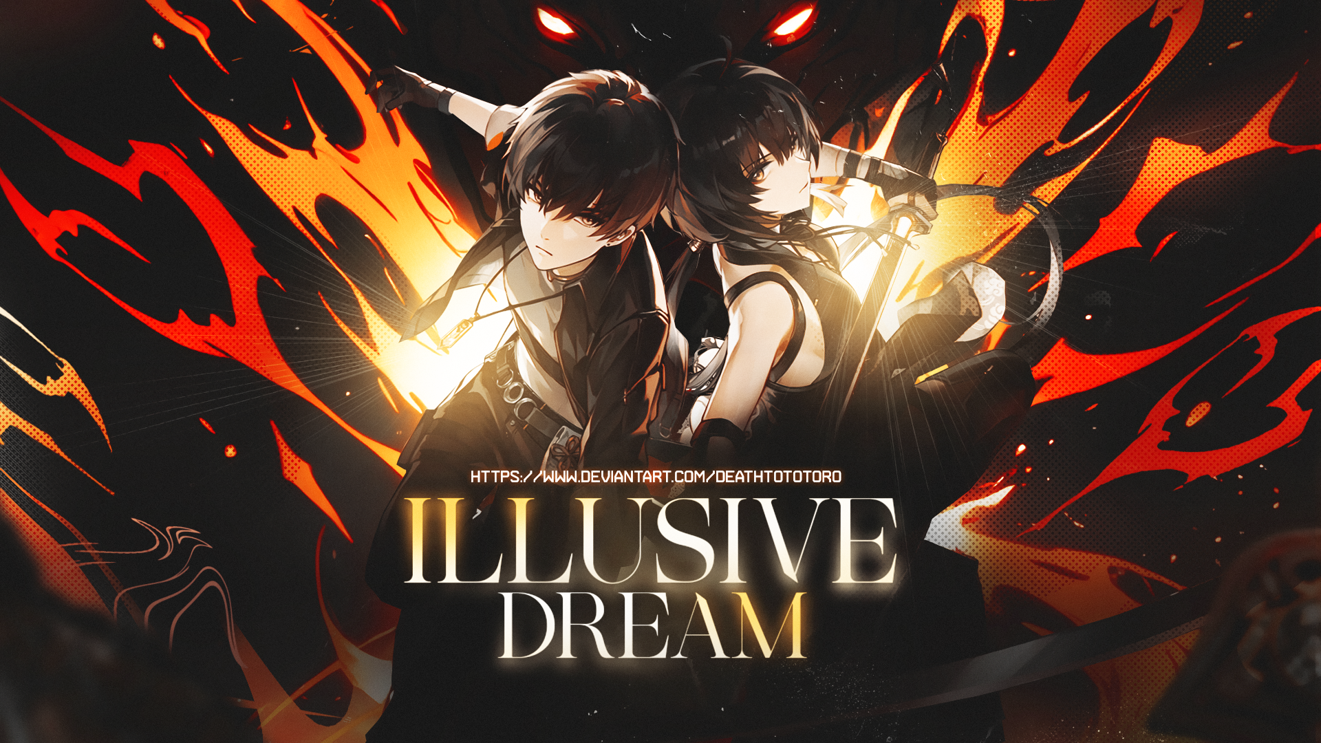 HD PC desktop wallpaper featuring Rover from Wuthering Waves with fiery orange and black tones and the text Illusive Dream in the center.