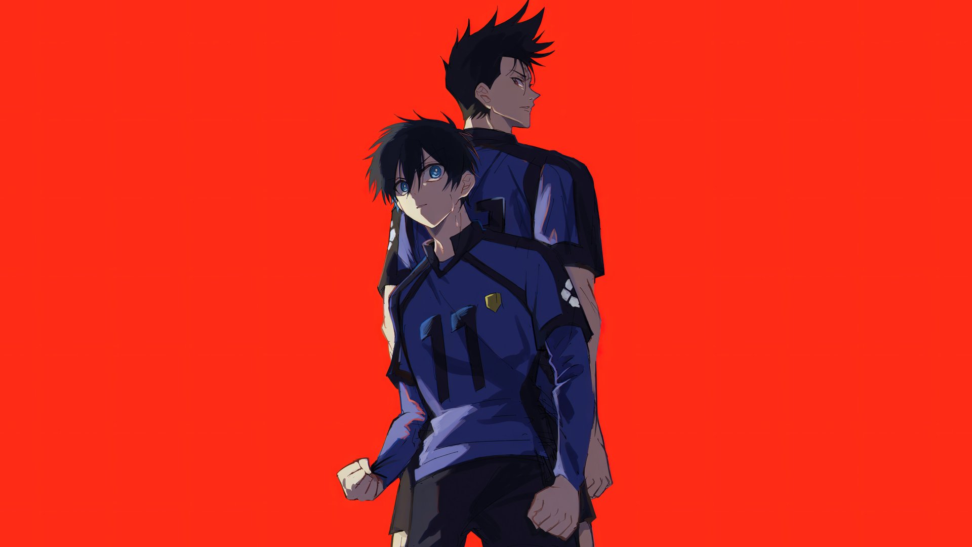 HD desktop wallpaper featuring Isagi Yoichi and Shouei Barou from the anime Blue Lock, standing back-to-back against a bold red background.