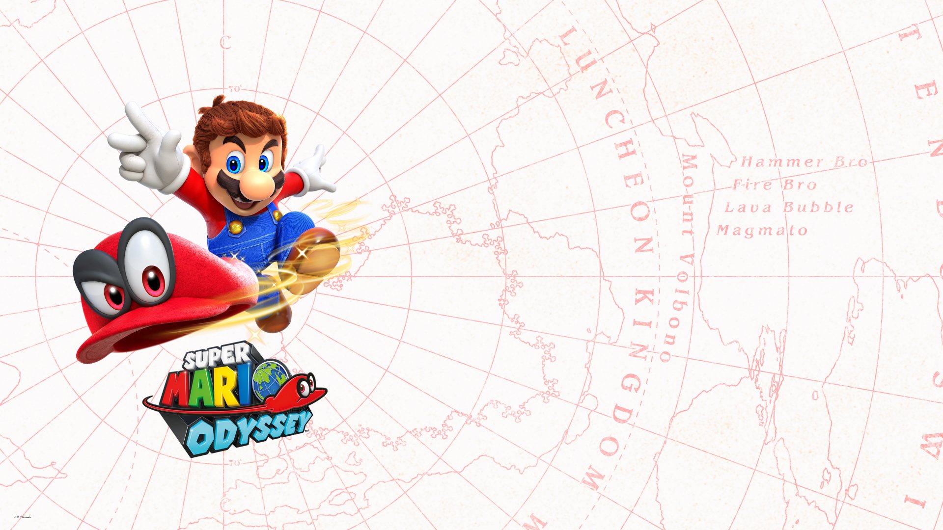 4K Ultra HD PC desktop wallpaper featuring Super Mario from Super Mario Odyssey with his iconic hat against a light map background.