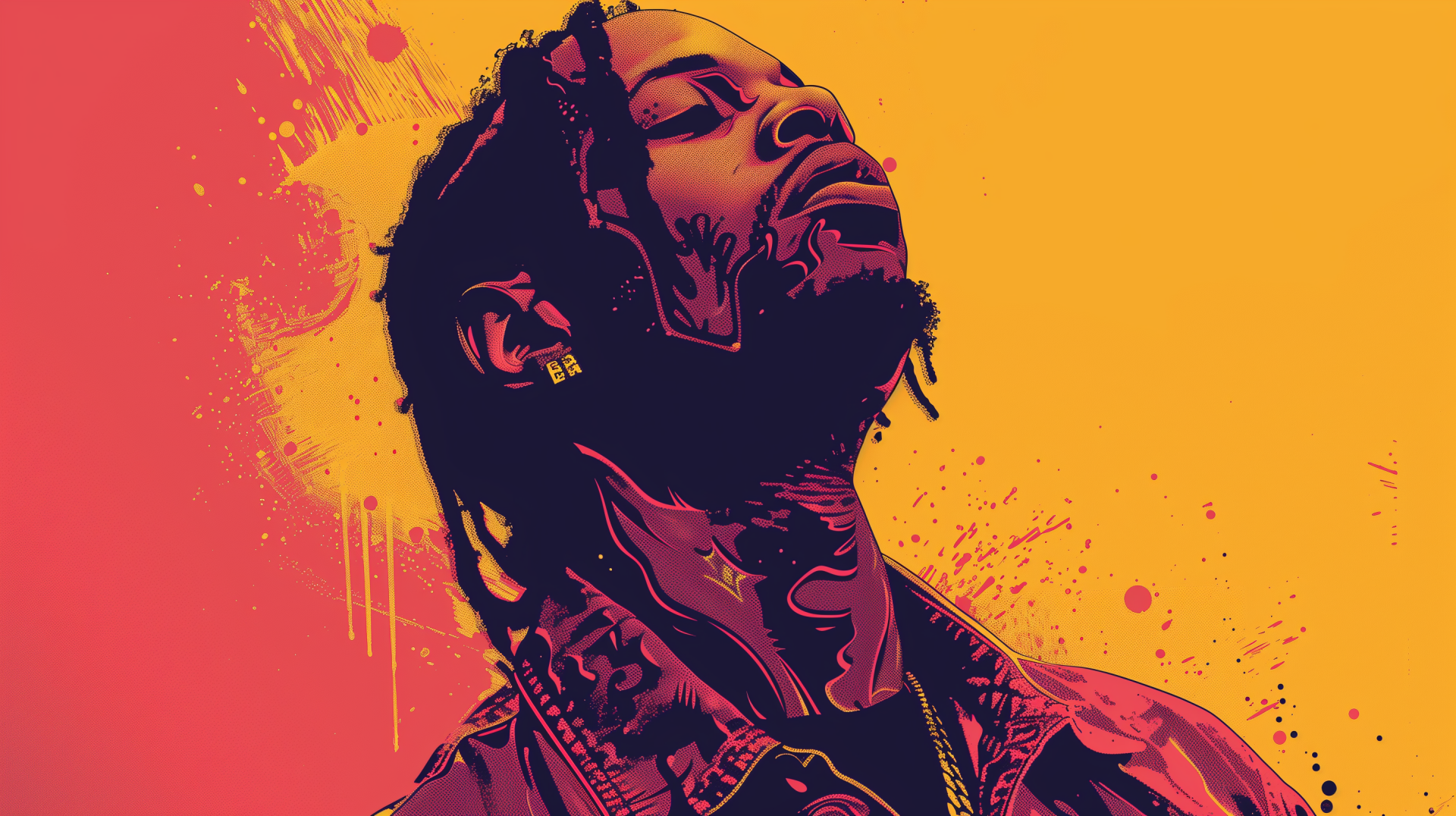 HD desktop wallpaper featuring a vibrant, stylized illustration of rapper Travis Scott with a colorful splash backdrop, blending shades of red, orange, and yellow.