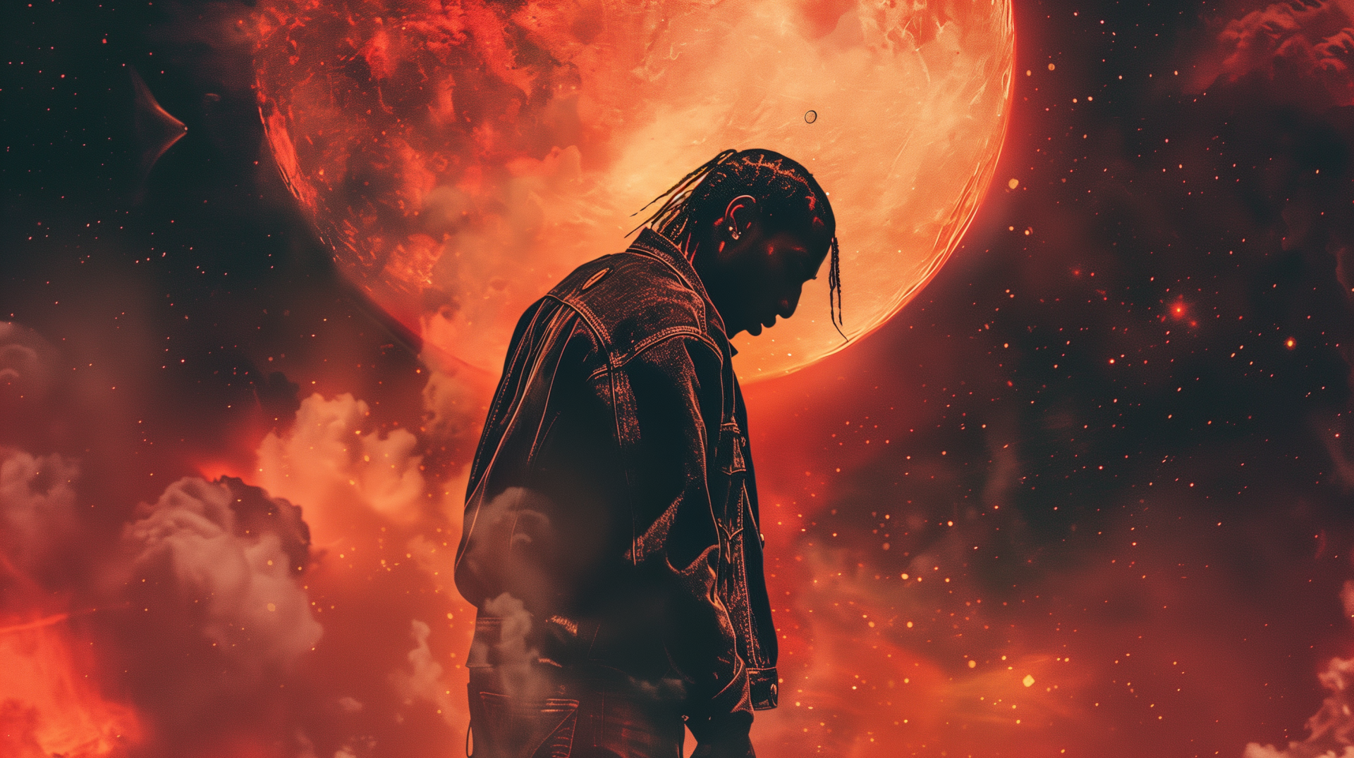 HD desktop wallpaper featuring rapper Travis Scott silhouetted against a glowing red moon, surrounded by a cosmic, smoky background.