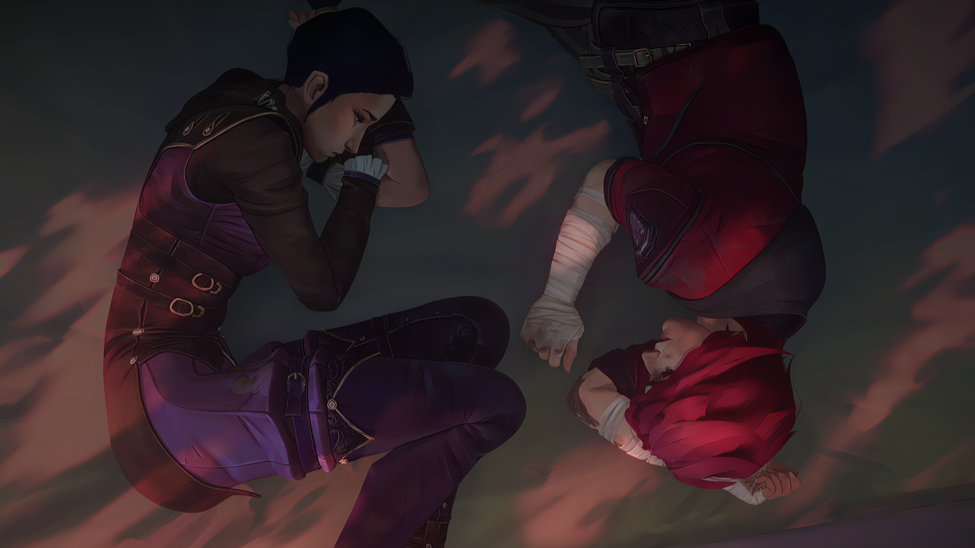 HD desktop wallpaper featuring characters from the TV show Arcane, depicting two figures lying on the ground, one with black hair and purple attire, the other with red hair and red attire.