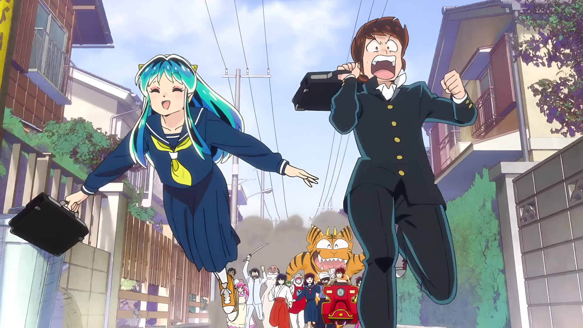 4K Ultra HD anime wallpaper featuring Lum and Ataru Moroboshi from Urusei Yatsura (2022) running energetically down a sunny street with a colorful group behind them.