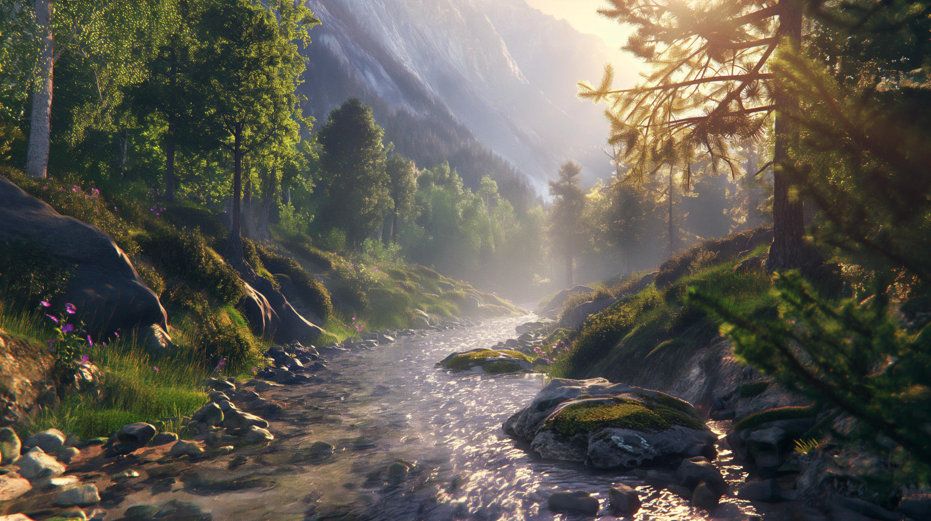 HD desktop wallpaper featuring a serene mountain creek flowing through a lush forest with sunlight filtering through the trees.