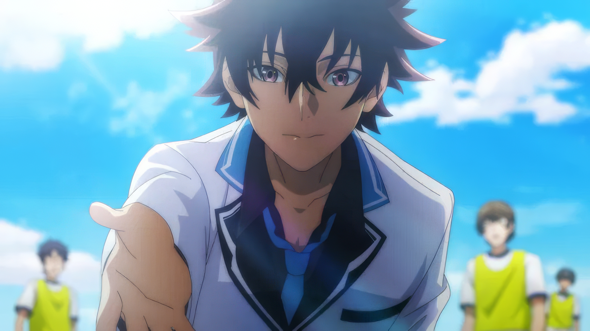 A character from I Got a Cheat Skill in Another World and Became Unrivaled in The Real World Too reaches out against a vibrant blue sky, set as a high-definition desktop wallpaper.