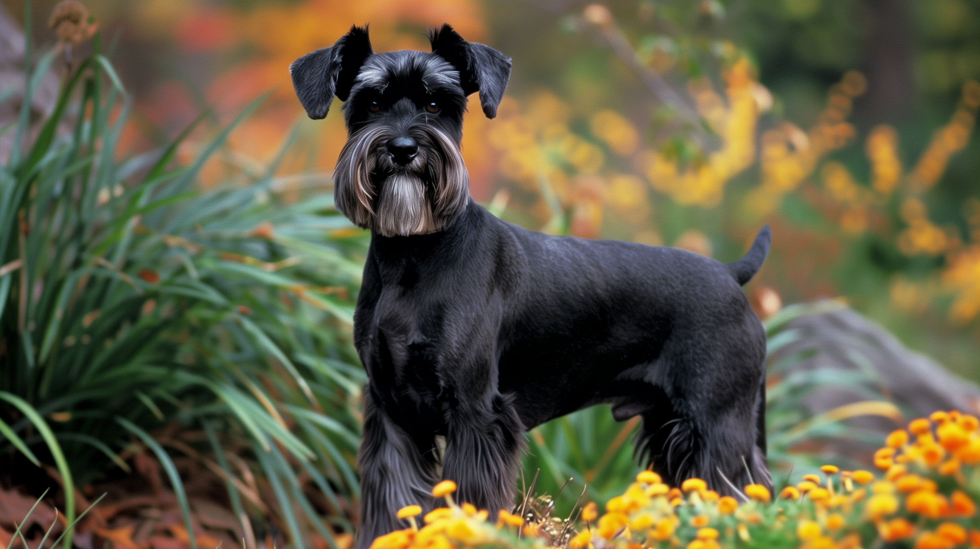 HD desktop wallpaper featuring a schnauzer dog standing amid vibrant, colorful foliage and flowers, creating a picturesque outdoor scene.