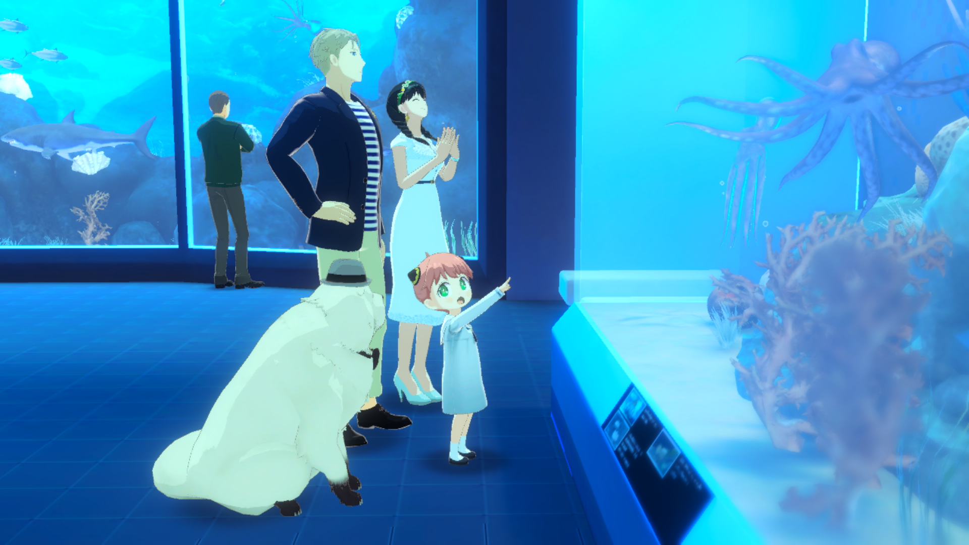 HD desktop wallpaper of SPY×ANYA: Operation Memories video game, featuring a family with a dog, gazing at an aquarium display with marine life in a soft aqua-blue background.