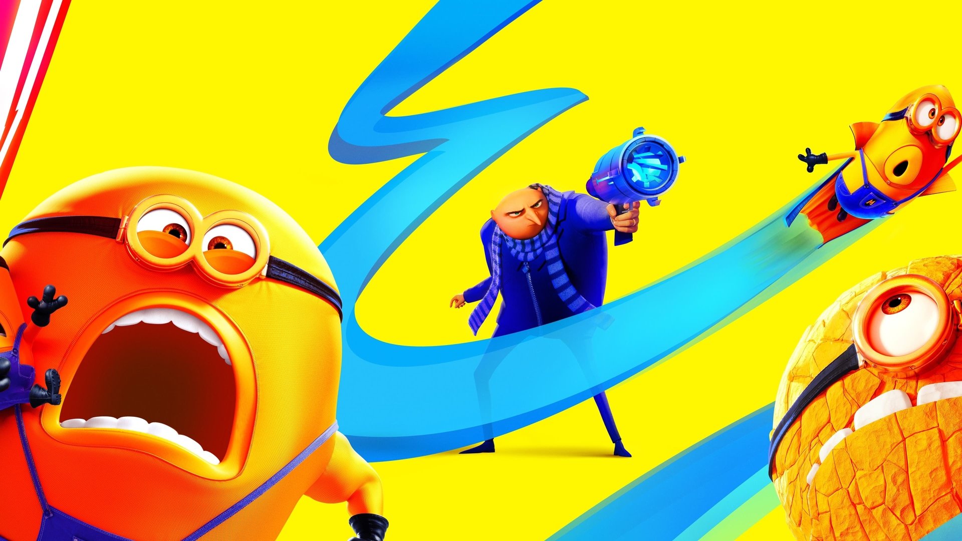 4K Ultra HD wallpaper featuring Gru and Minions from Despicable Me 4 with vibrant yellow background and dynamic action elements.