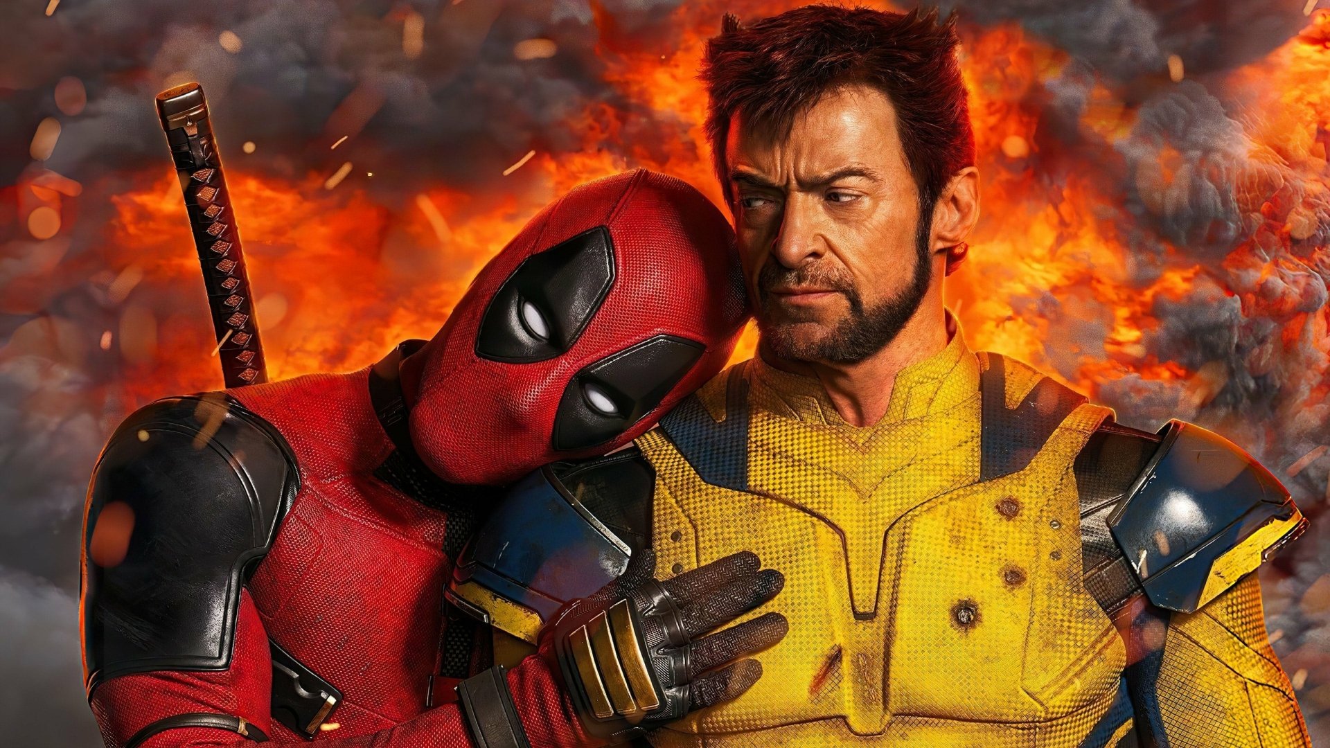 4K Ultra HD wallpaper featuring Deadpool and Wolverine from the movie, with Deadpool leaning on Wolverine against a fiery background.