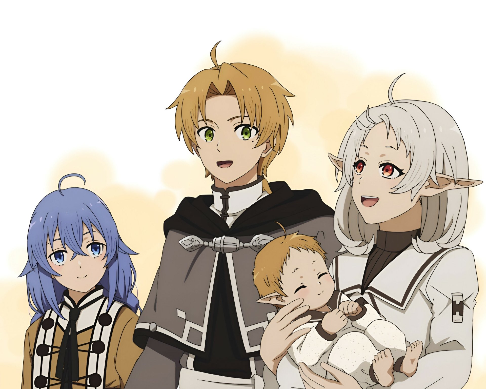HD anime wallpaper featuring Rudeus Greyrat, Sylphiette, Roxy Migurdia, and a baby from Mushoku Tensei: Jobless Reincarnation, showcasing vibrant character designs.