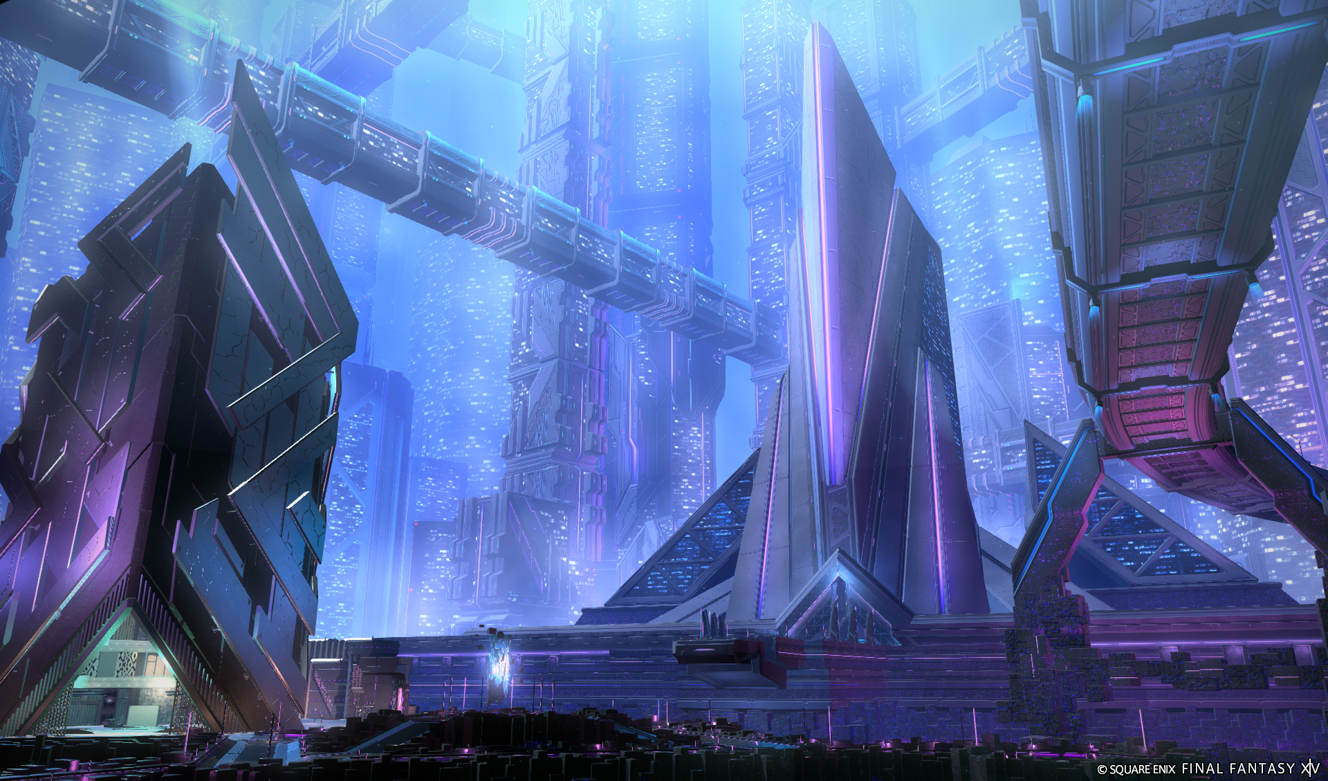 HD desktop wallpaper featuring a futuristic, vibrant cityscape from Final Fantasy XIV: Dawntrail, showcasing towering structures with glowing lights in an otherworldly setting.