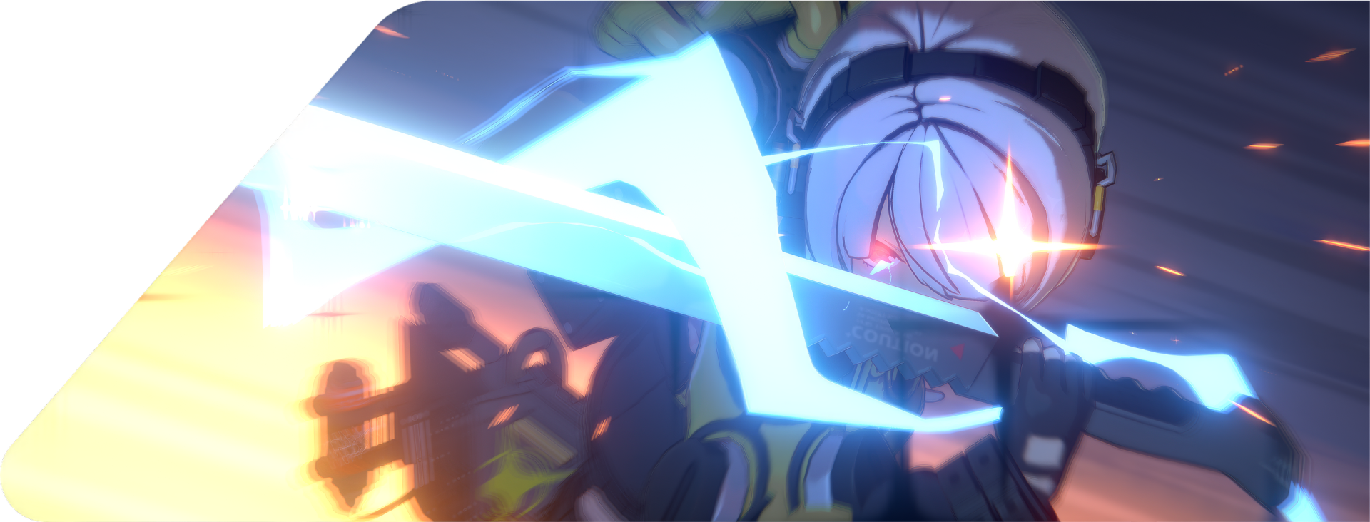 Action-packed HD wallpaper of the video game Zenless Zone Zero, featuring a dynamic character in mid-action with glowing weapons.