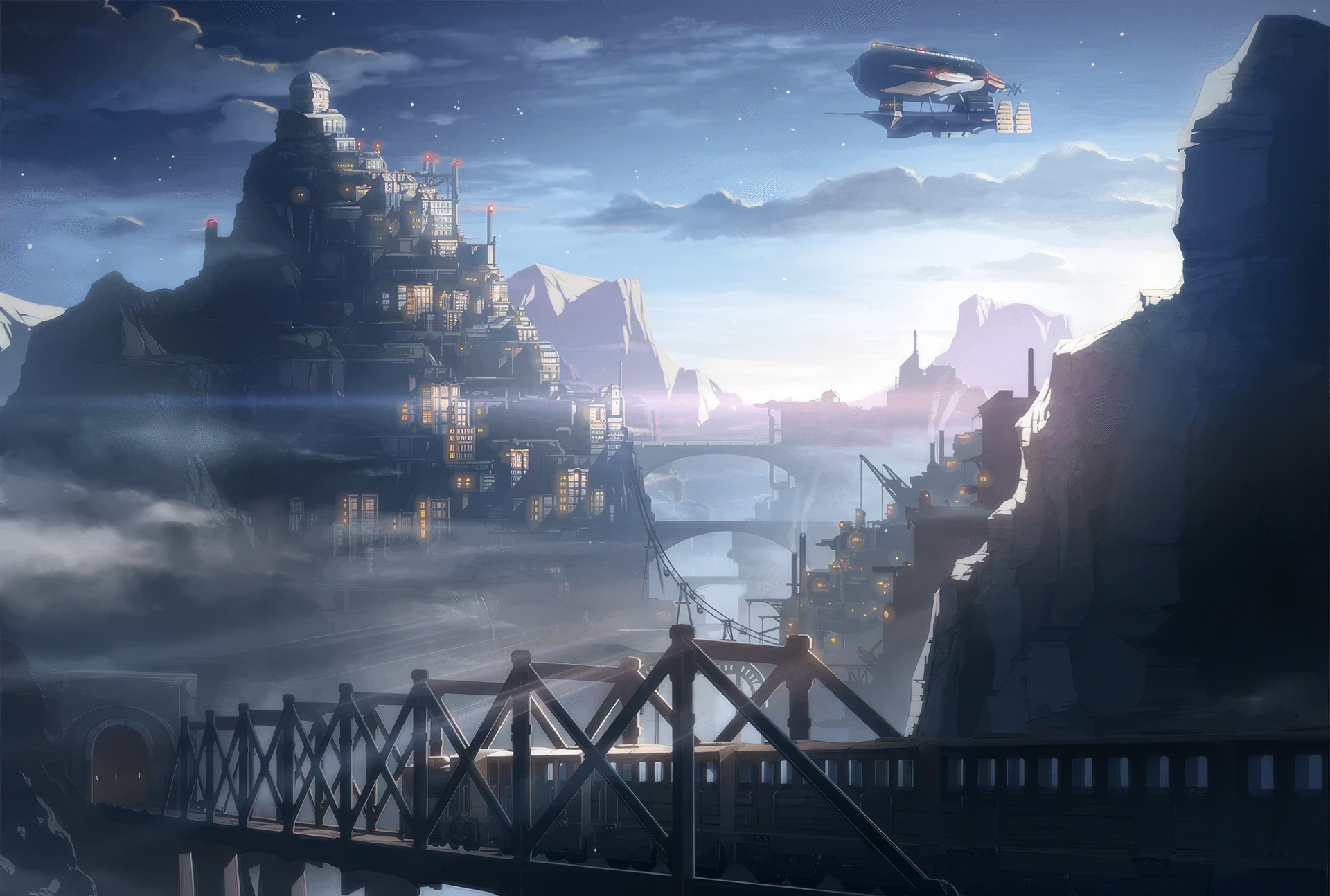 A stunning HD wallpaper from *The Legend of Heroes: Trails through Daybreak*, featuring a majestic mountainous landscape with a bridge and an airship flying above the mist.