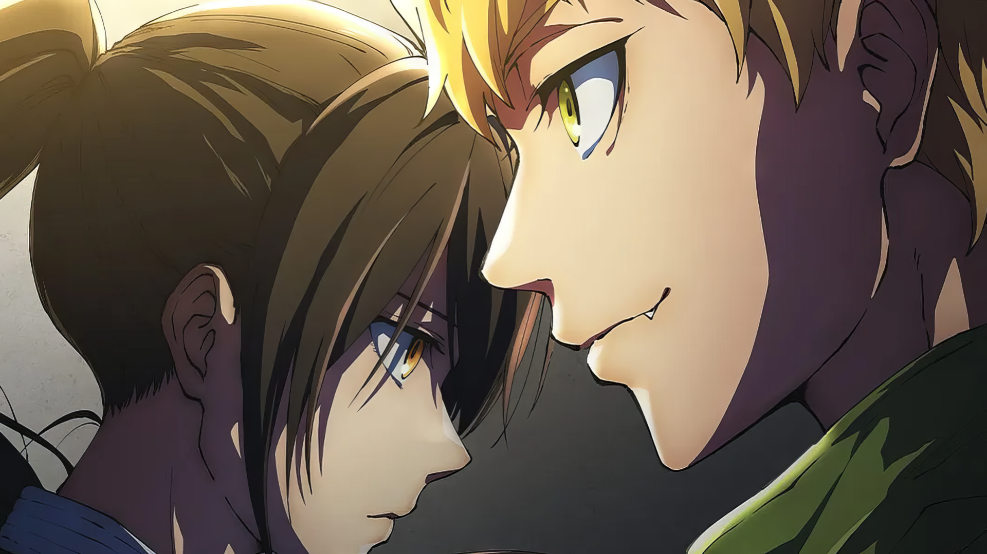 HD desktop wallpaper featuring Baam and Ja Wangnan from the anime Tower of God. They are shown in a close-up profile with intense expressions, highlighted by dramatic lighting.