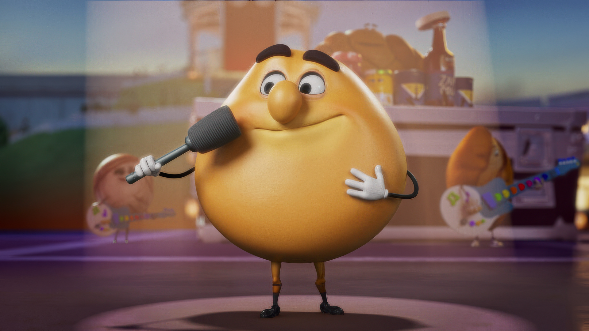 HD desktop wallpaper from the TV show Sausage Party: Foodtopia, featuring a sausage character holding a microphone on stage with a kitchen backdrop.