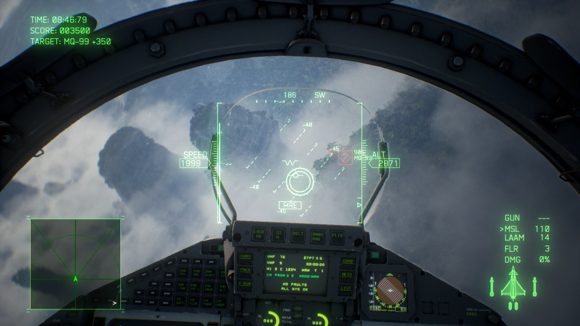 HD desktop wallpaper and background from Ace Combat 7: Skies Unknown, depicting a realistic fighter jet cockpit view with detailed HUD elements, soaring above clouds and mountains.