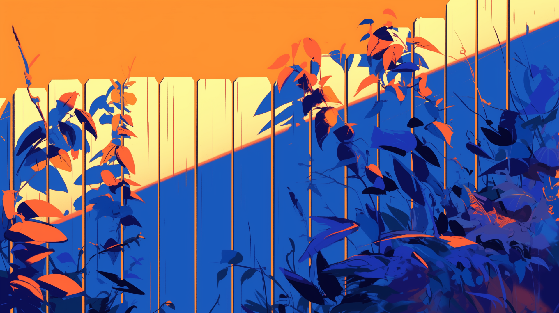 HD desktop wallpaper featuring a vibrant illustration of plants climbing a white fence, with contrasting orange and blue hues in the background.