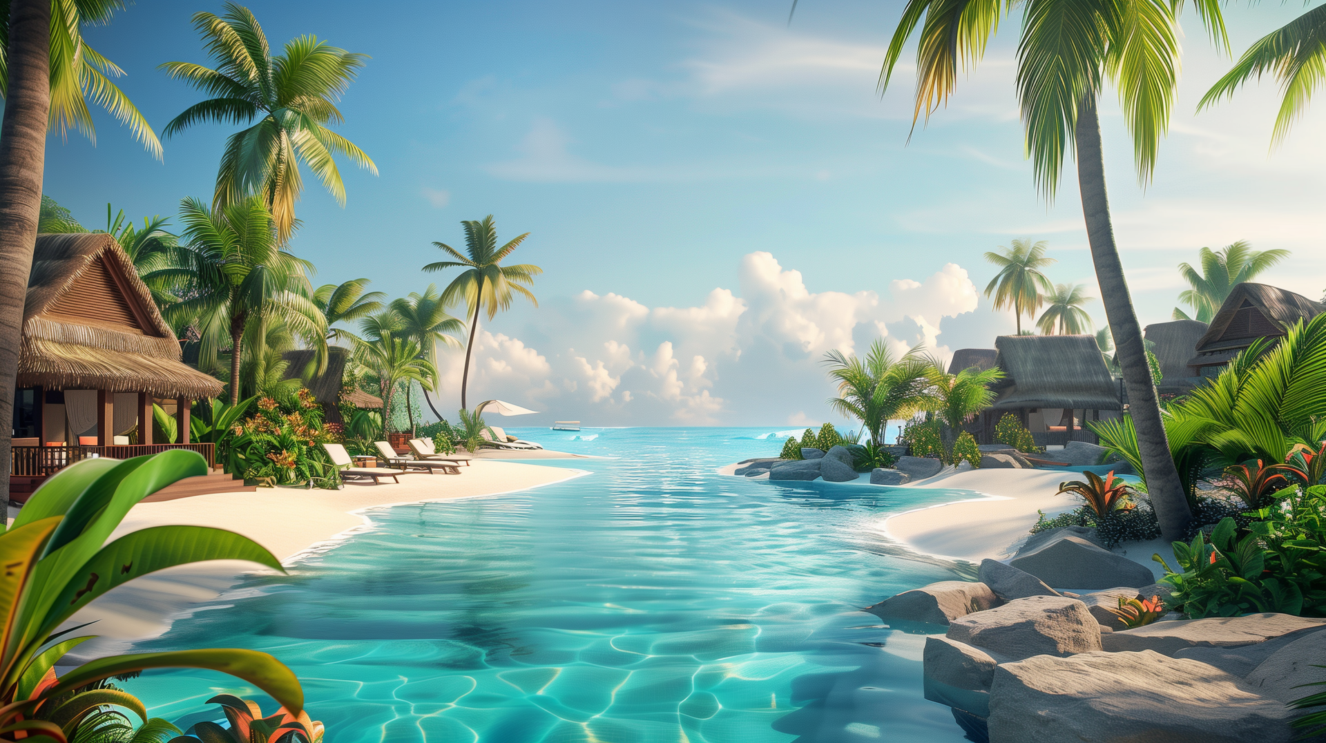 A serene tropical beach resort features clear blue waters, lush palm trees, and inviting lounge chairs along a sandy shoreline, creating a stunning desktop wallpaper for vacation vibes.