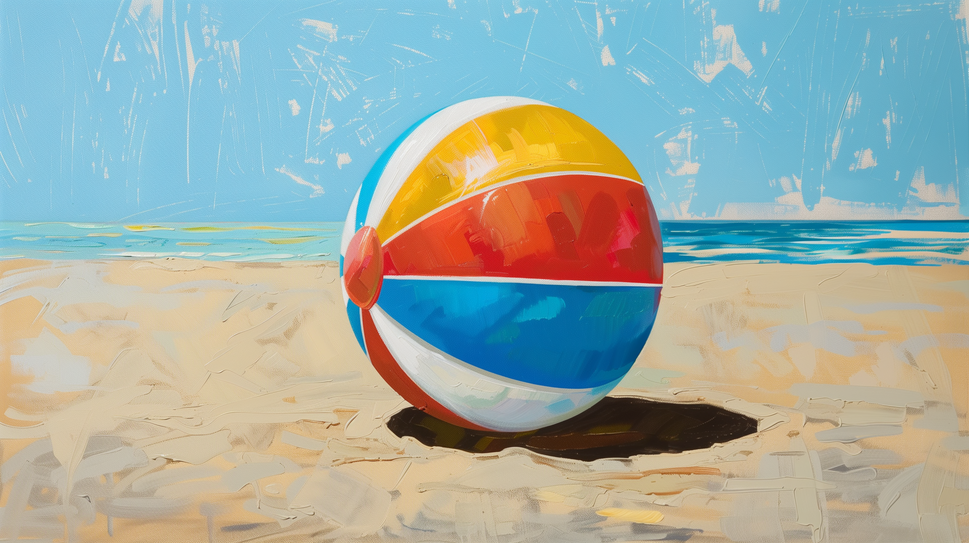 HD desktop wallpaper featuring a vibrant beach ball resting on sandy shores under a clear blue sky, with the ocean in the background.