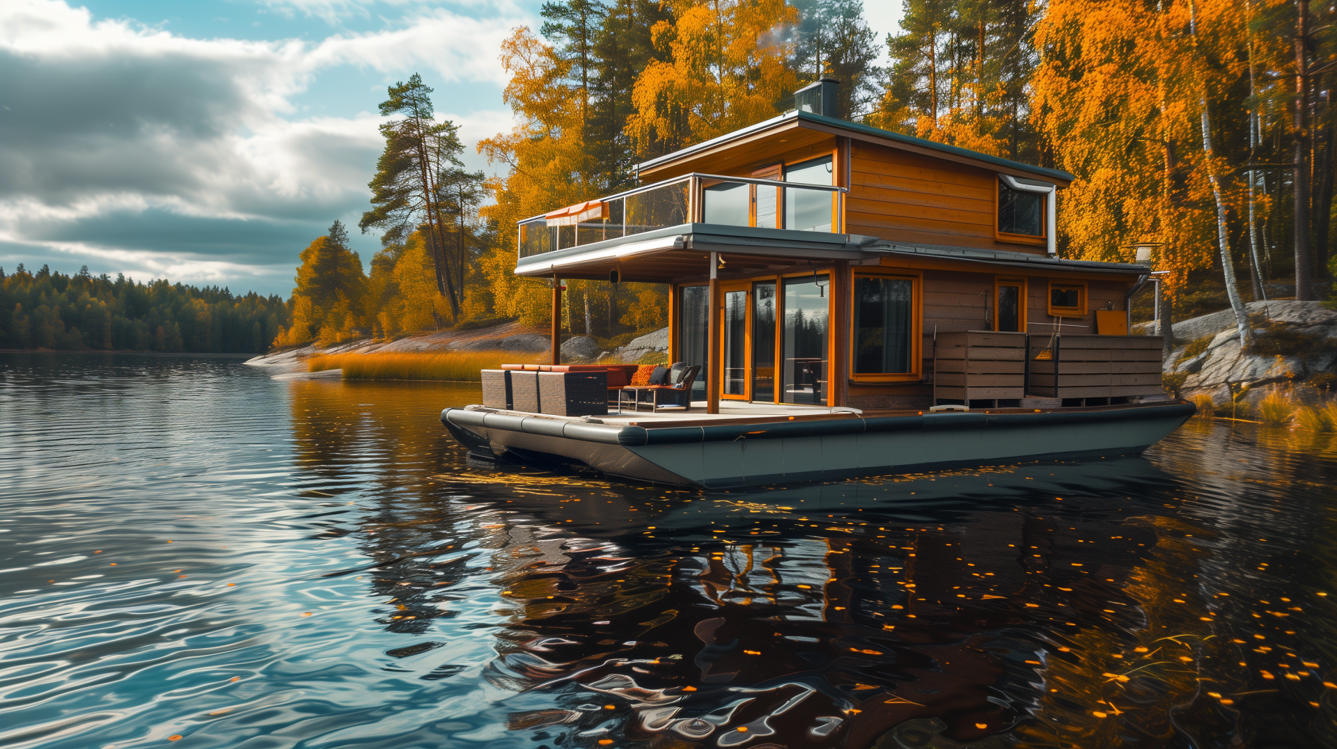HD desktop wallpaper featuring a scenic lake with a modern houseboat surrounded by vibrant autumn foliage.