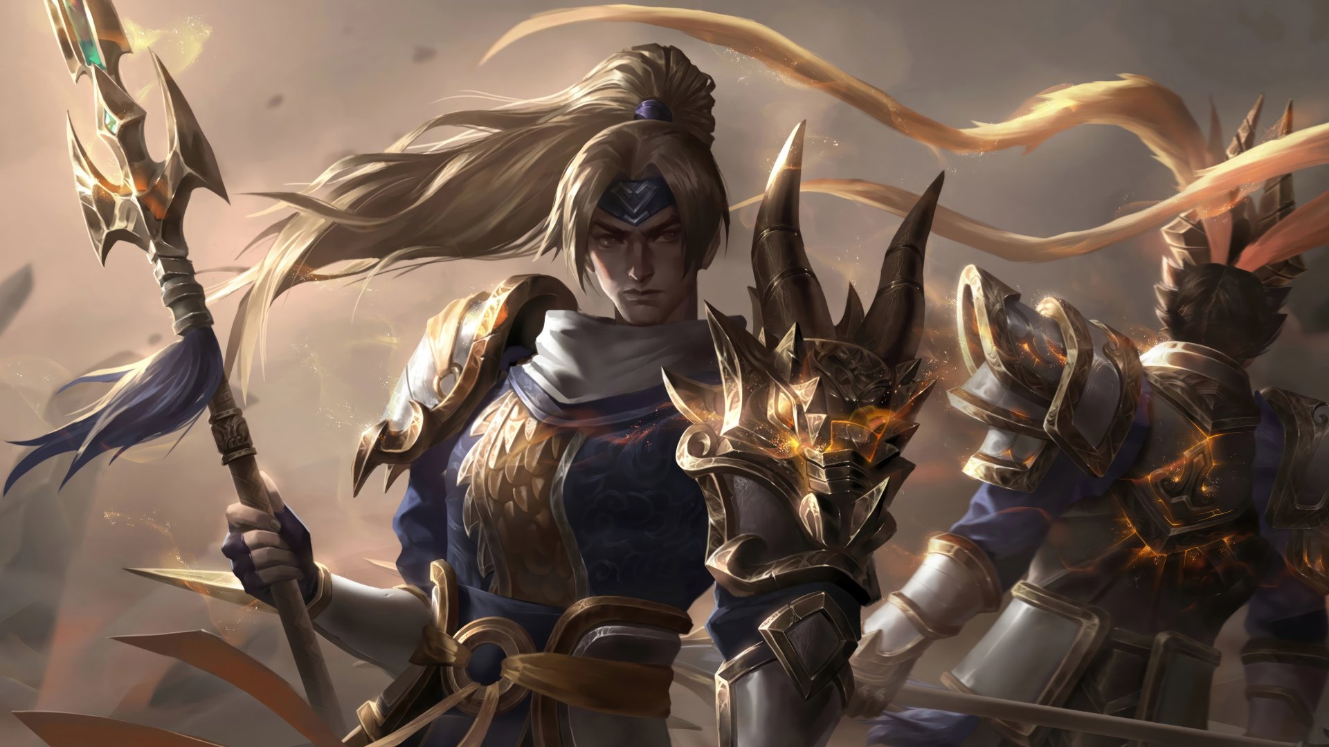 A high-definition desktop wallpaper featuring Xin Zhao from League of Legends holding a lance, adorned in intricate armor amid a dynamic and heroic background.