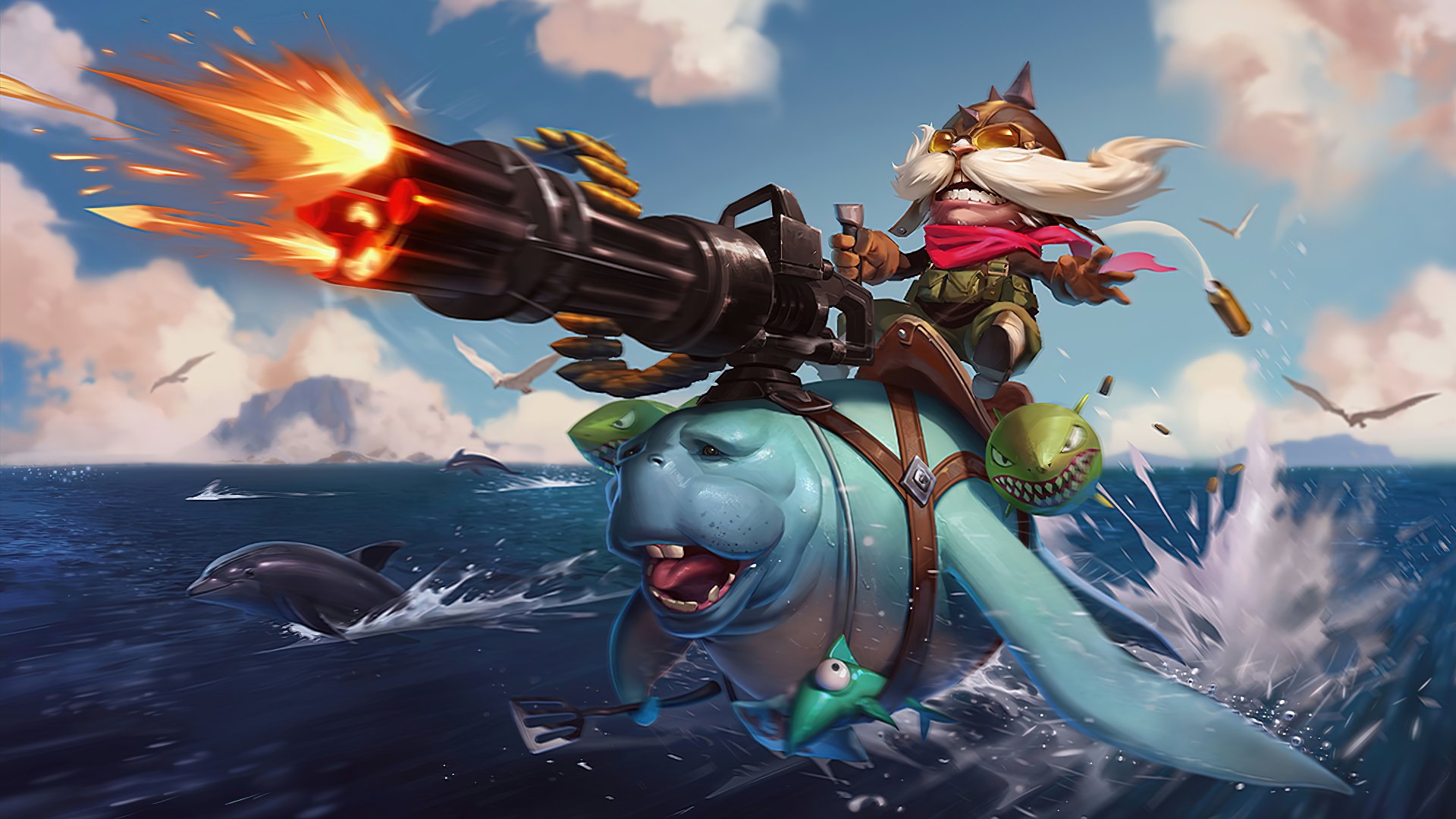 HD wallpaper featuring Corki from League of Legends, riding a creature with a large machine gun, against an ocean backdrop with splashing water and playful sea creatures.