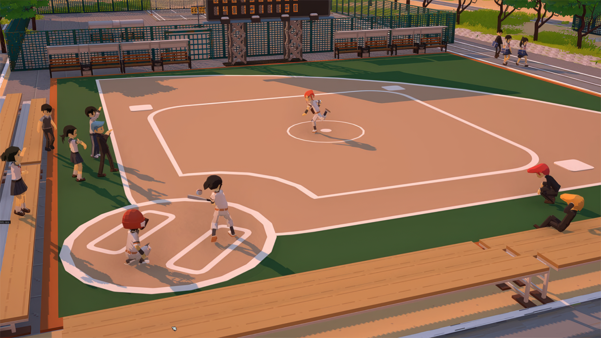 HD desktop wallpaper showcasing a baseball scene from the video game Let's School, featuring animated characters playing on a well-maintained baseball field.