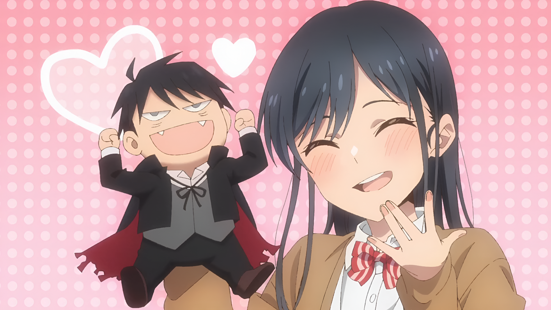 Anime-style 4K Ultra HD desktop wallpaper featuring Rin Nanakura in a cheerful pose with a smaller character in a vampire costume, set against a pink heart-patterned background.