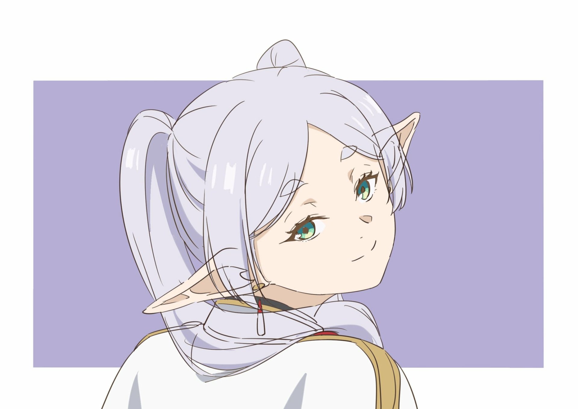 Anime HD PC wallpaper of Frieren from Frieren: Beyond Journey's End — close-up of the elf with white hair, green eyes, and pointed ears on a lavender background.