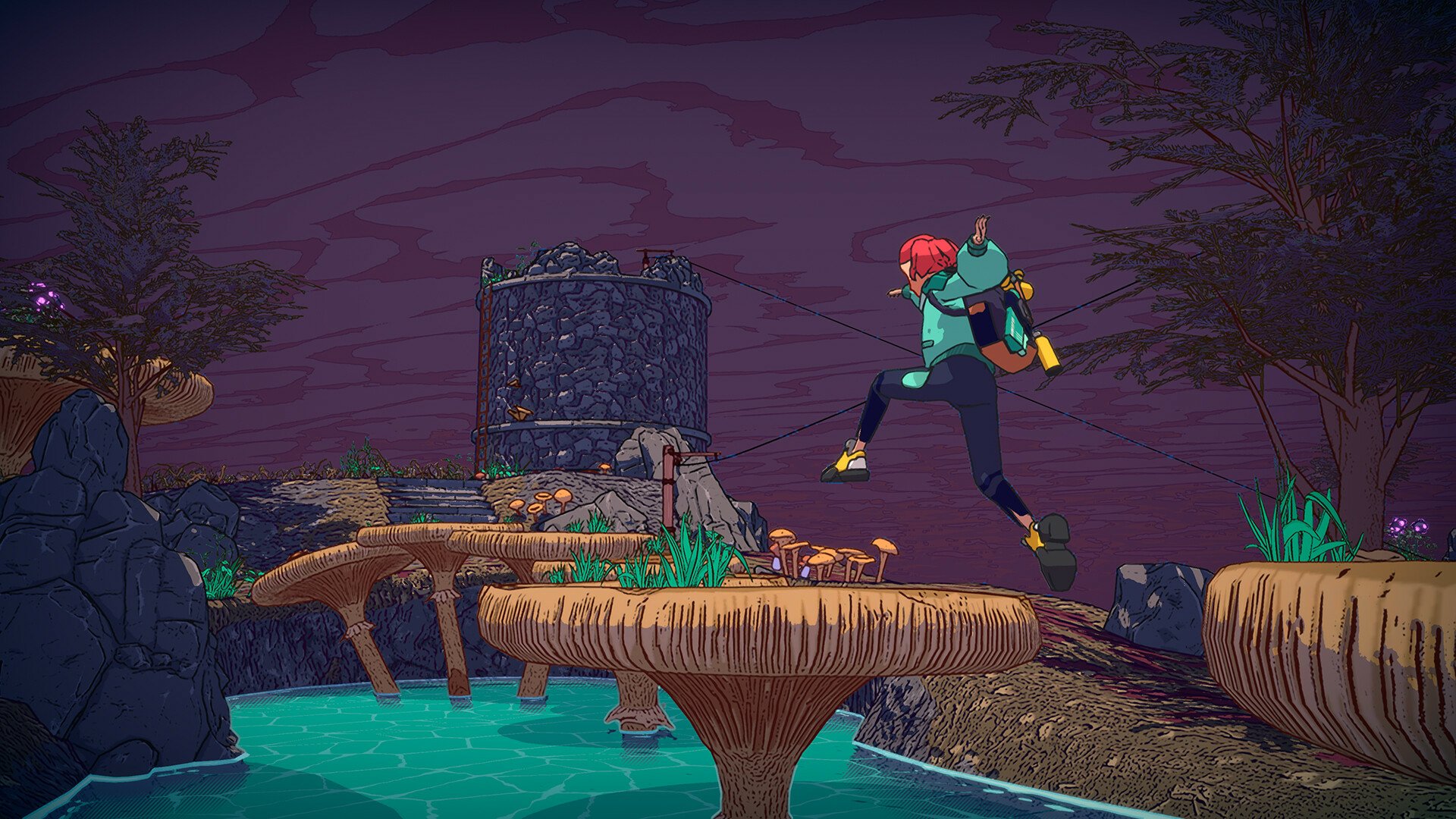 HD desktop wallpaper featuring a scene from the video game Dungeons of Hinterberg. A character with red hair leaps between large mushroom platforms above a turquoise pond, with a medieval tower in the background.