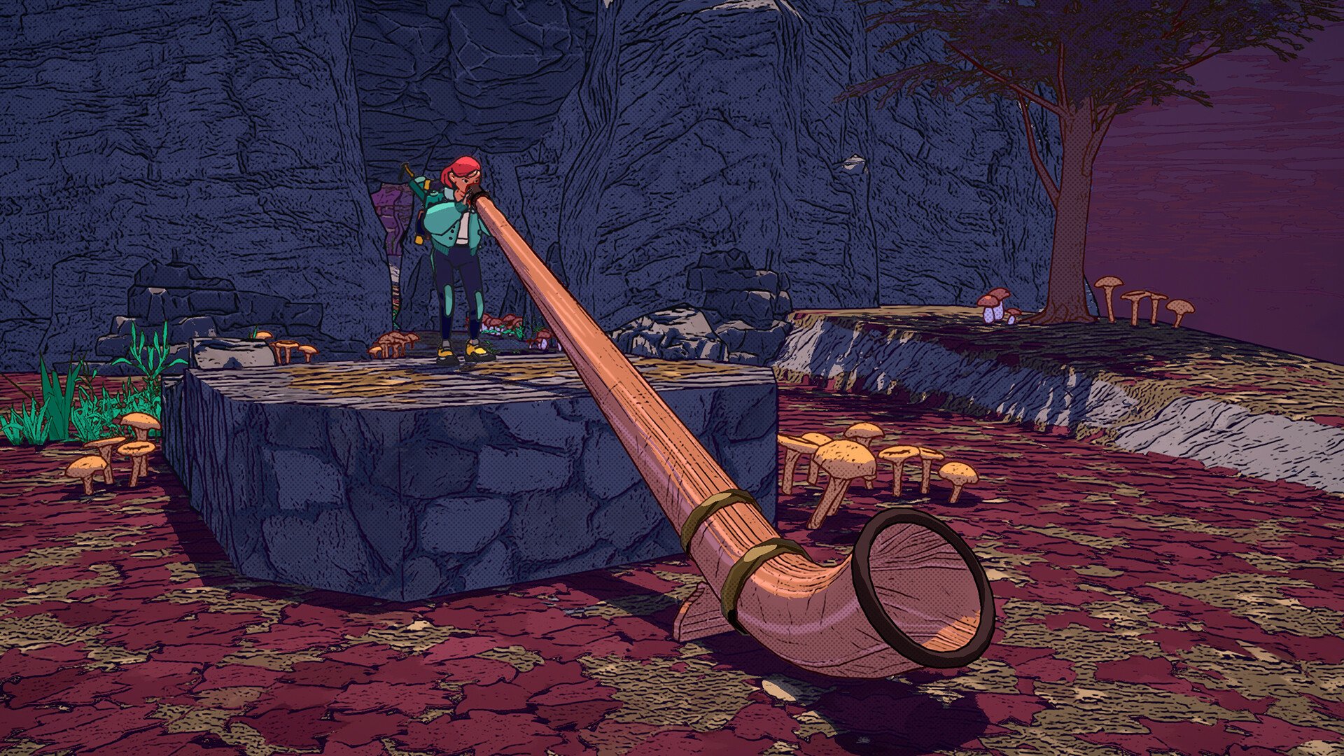 HD desktop wallpaper featuring a scene from the video game Dungeons of Hinterberg, showing a character standing on a stone platform near a large, decorative horn amid a mystical, vibrant landscape.