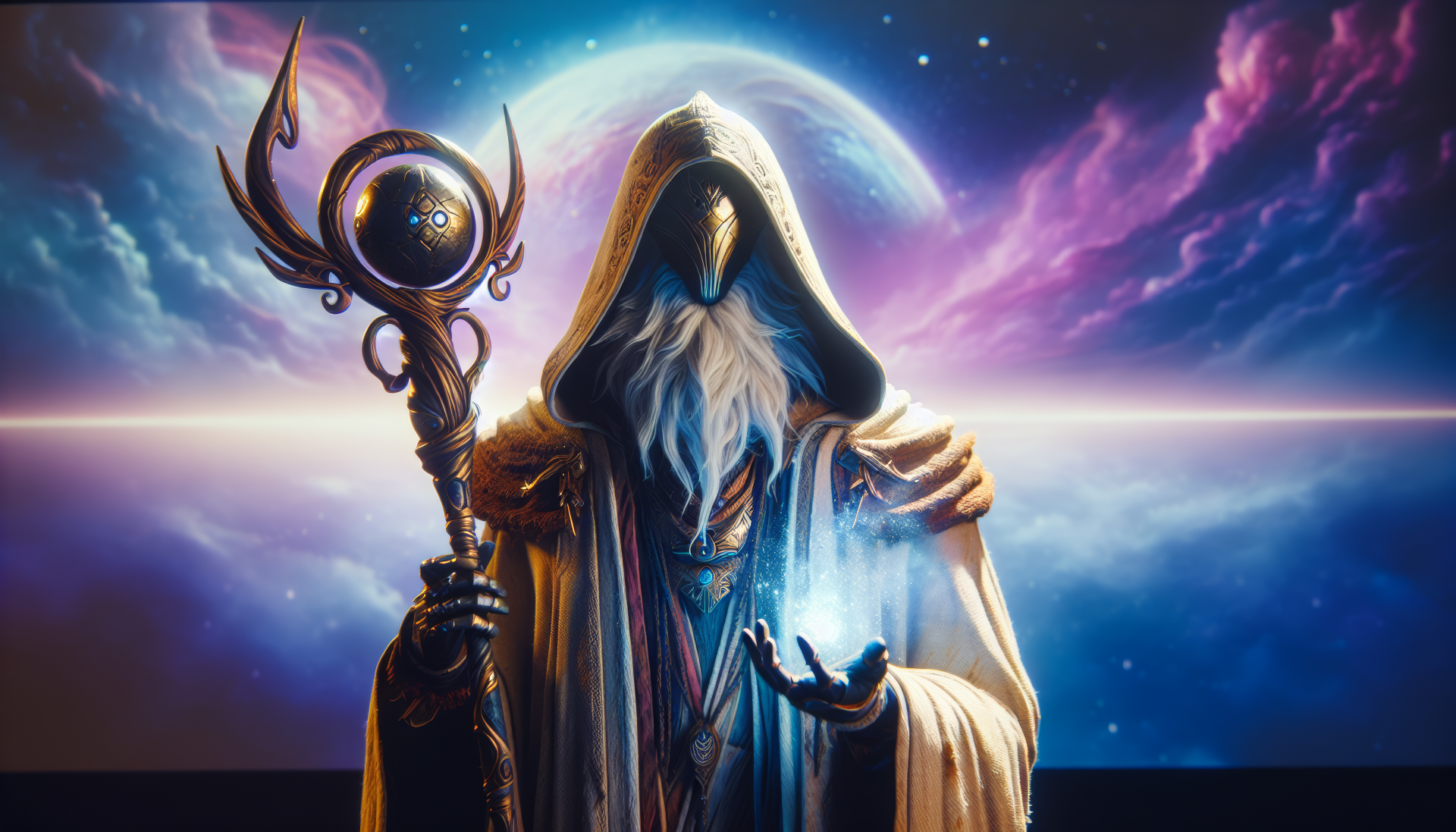 A mystical wizard in a flowing robe holds a glowing orb and staff, surrounded by a cosmic backdrop of swirling colors and celestial elements, creating an enchanting HD desktop wallpaper.