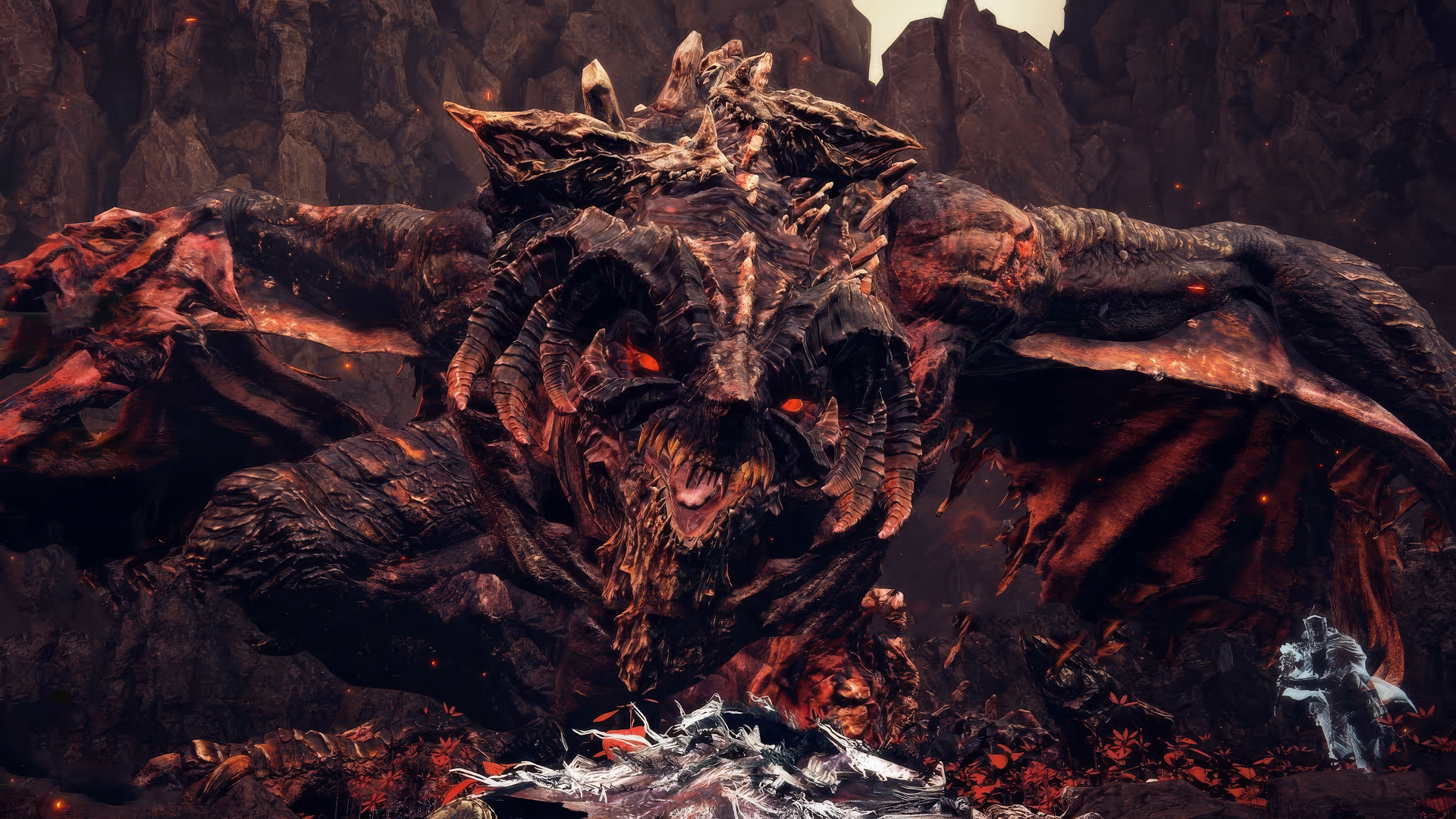 HD desktop wallpaper featuring Bayle The Dread from the video game Elden Ring, focusing on the menacing creature with fiery red eyes amidst a rocky, dark background.