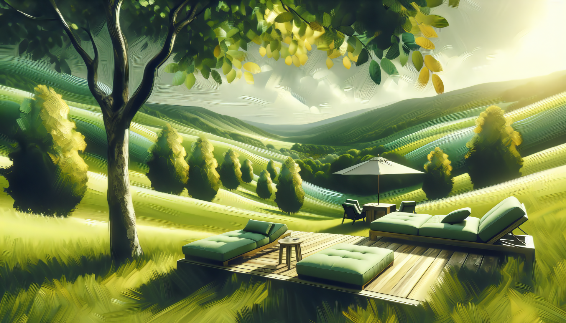 HD desktop wallpaper featuring a serene landscape with sunlit rolling hills, a tree, and a relaxing outdoor lounge area with cushioned lounge chairs and an umbrella.