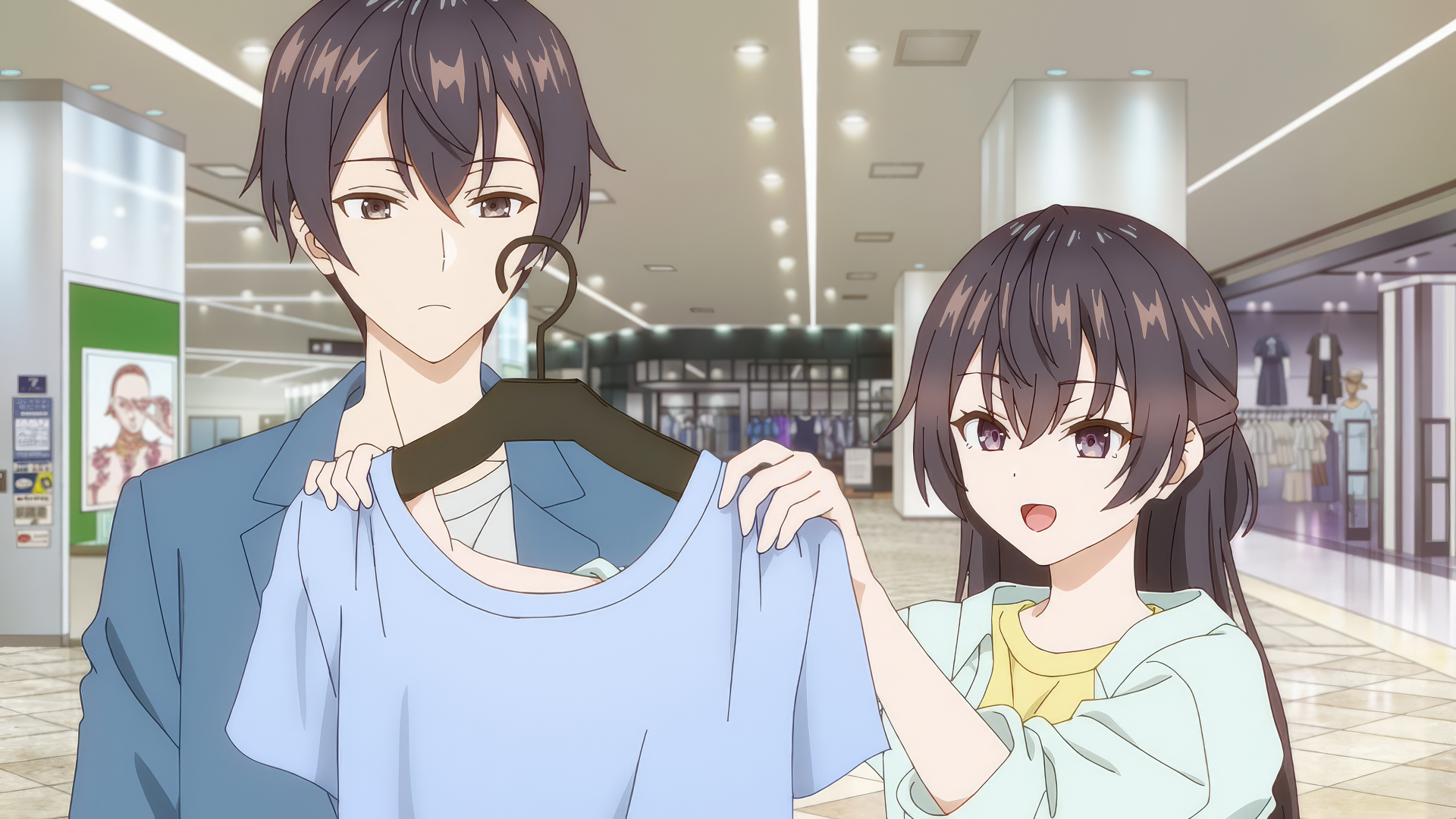 HD wallpaper featuring anime characters Yuki Suou and Masachika Kuze from Alya Sometimes Hides Her Feelings in Russian, shopping in a mall.