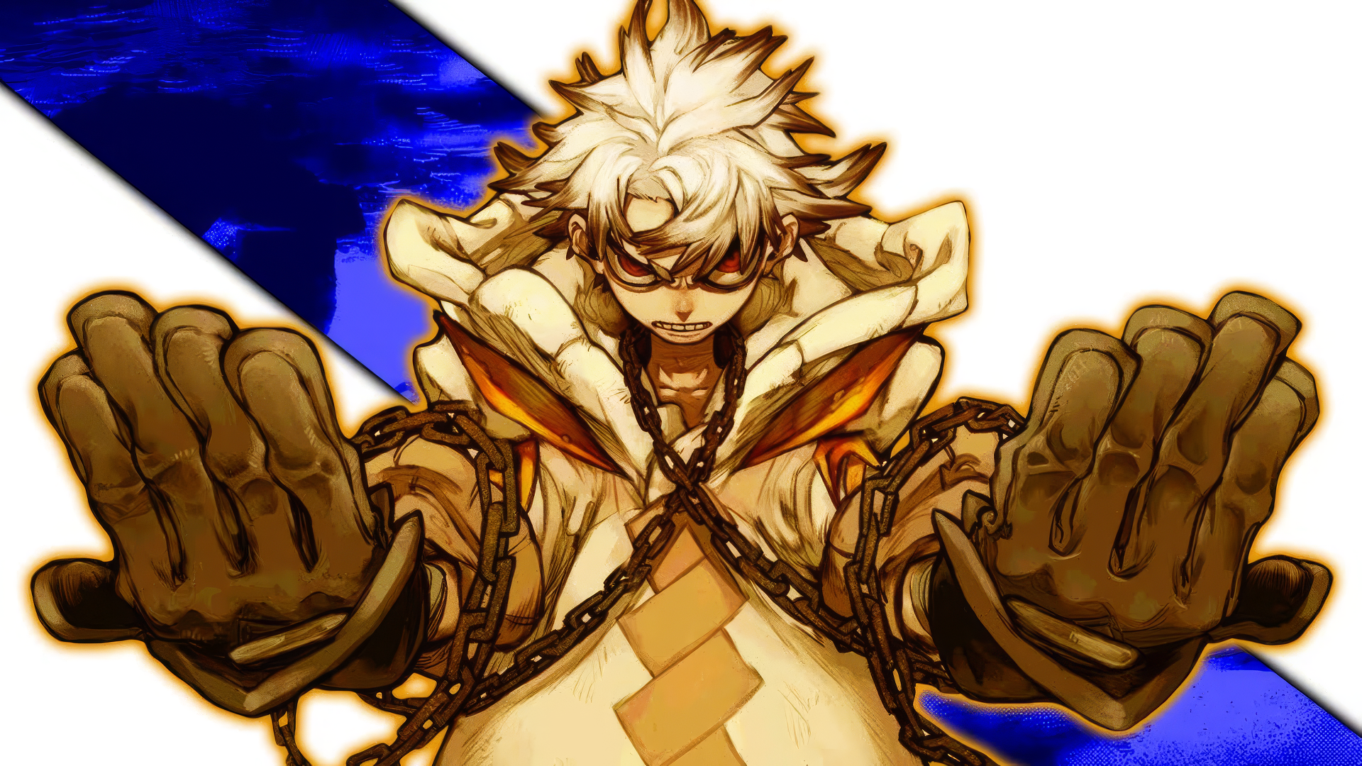 HD manga desktop wallpaper featuring a character from Gachiakuta with spiky white hair, extended hands, and a dynamic blue and white background.