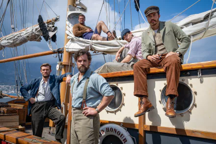 HD desktop wallpaper featuring characters from The Ministry of Ungentlemanly Warfare movie posed on a sailboat.