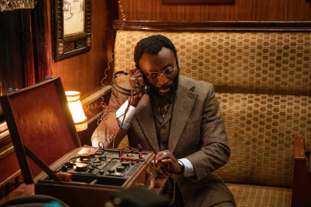 A man dressed in a vintage suit sits in an ornate room, working attentively on a complex device inside a briefcase. This image is a HD desktop wallpaper related to the movie The Ministry of Ungentlemanly Warfare.