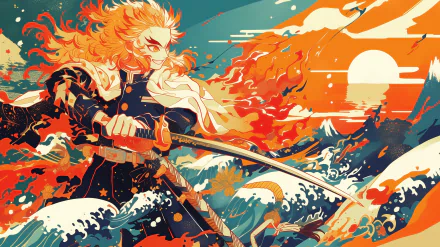Anime HD desktop wallpaper featuring Kyojuro Rengoku from Demon Slayer: Kimetsu no Yaiba, stylized with vibrant Japanese themes.