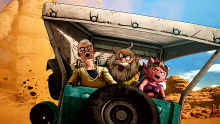 HD desktop wallpaper featuring characters from the video game Sand Land in a vehicle, with a desert backdrop.