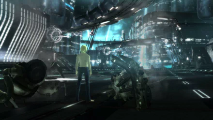 HD desktop wallpaper from El Shaddai: Ascension of the Metatron featuring a character overlooking a futuristic cityscape.