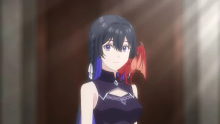 Anime character from Unnamed Memory with dark hair and a purple dress, featured in a HD desktop wallpaper with faint, radiant background lighting.