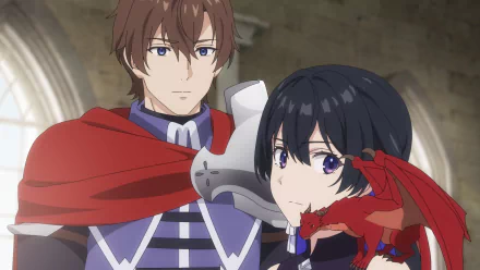 HD desktop wallpaper featuring two anime characters from Unnamed Memory, with a man in a knight's armor and a woman in a red cloak, set against a blurred architectural background.