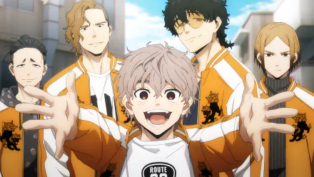 Anime-style 4K Ultra HD PC desktop wallpaper featuring Choji Tomiyama and teammates from Wind Breaker, with vibrant expressions and dynamic poses.