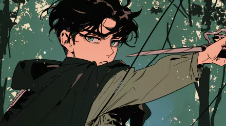 HD desktop wallpaper featuring Levi Ackerman from Attack on Titan, depicted in anime style, poised with a sword against a splattered green backdrop.